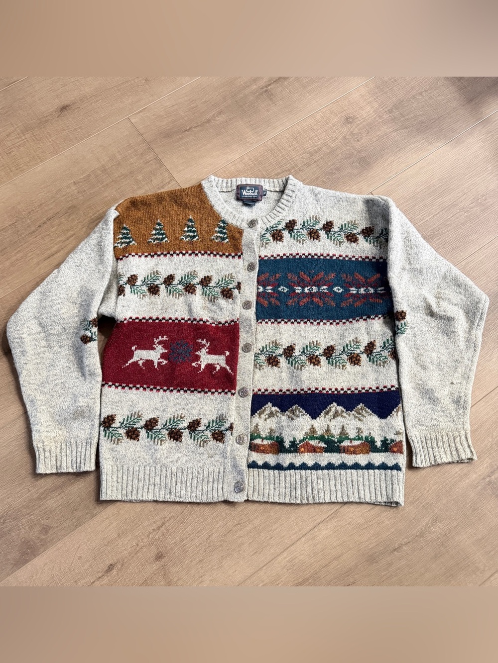 Vintage Woolrich Sweater Women XL Gray Wool Cardigan Fair Isle Deer Mountain 90s - Picture 5 of 13